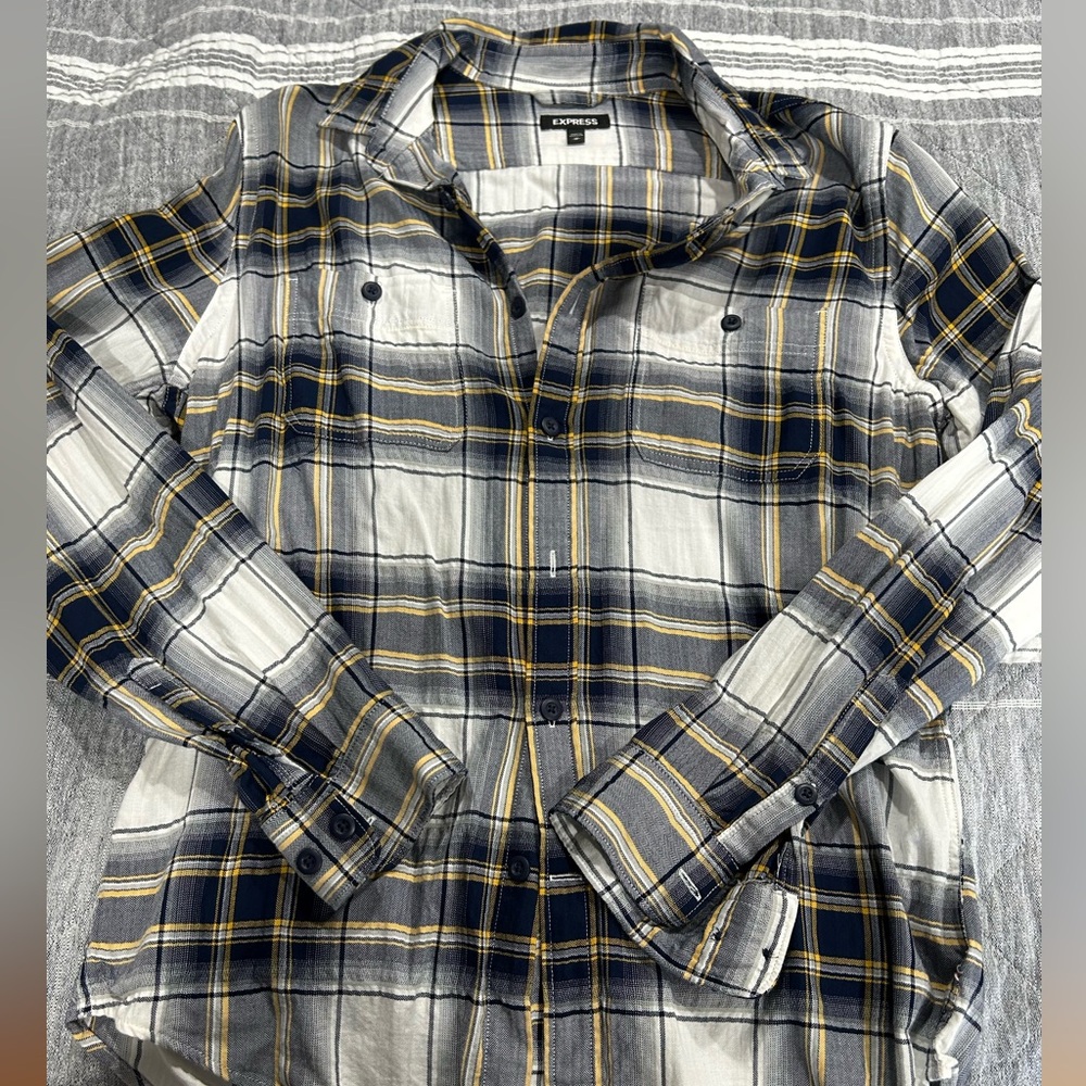 Express Blue and Yellow Casual Button Down Shirt
